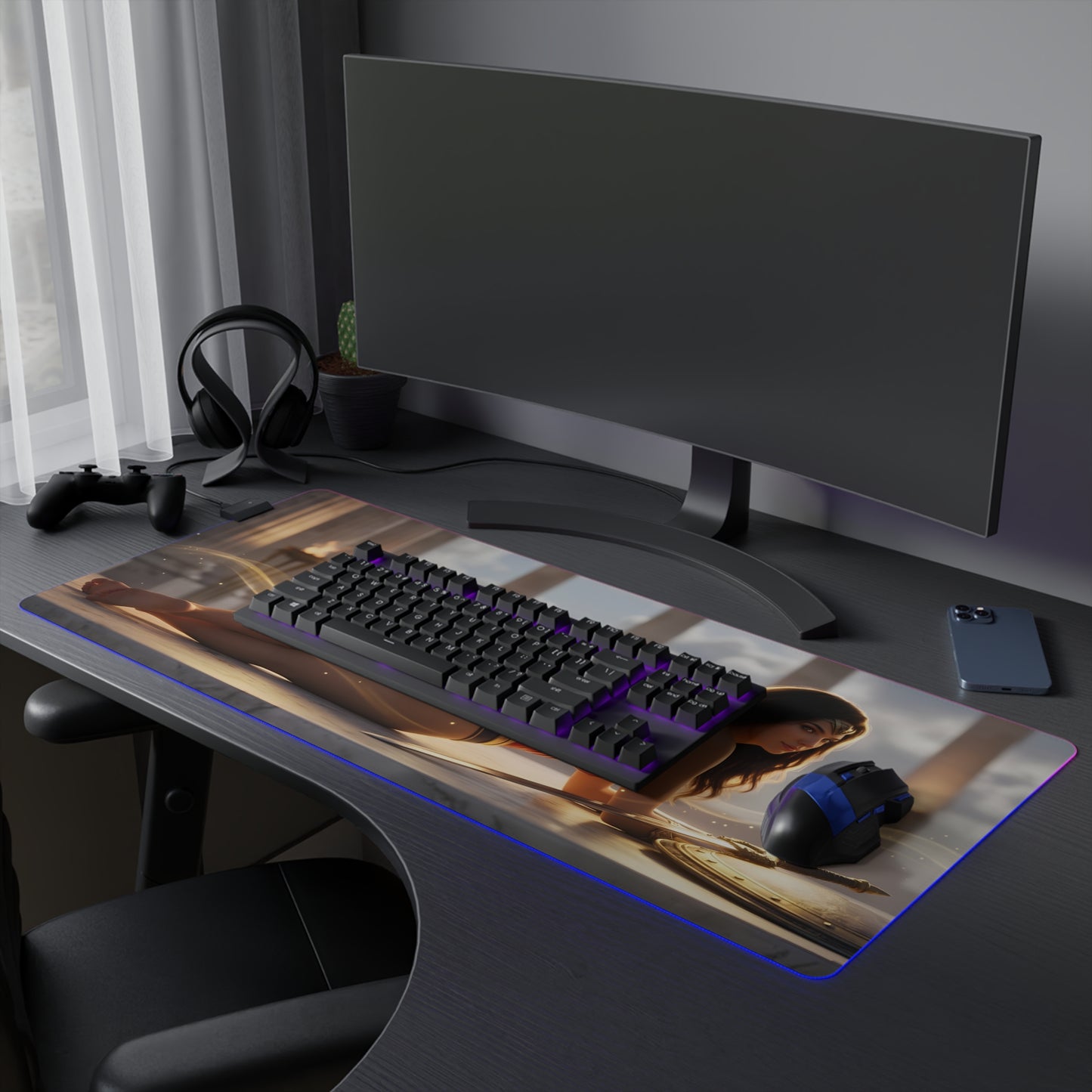 Wonder Woman RGB Mouse Pad – DC Comics LED Desk Mat, Superhero Gamer Setup showing extended LED desk mat with Wonder Woman artwork, keyboard and mouse