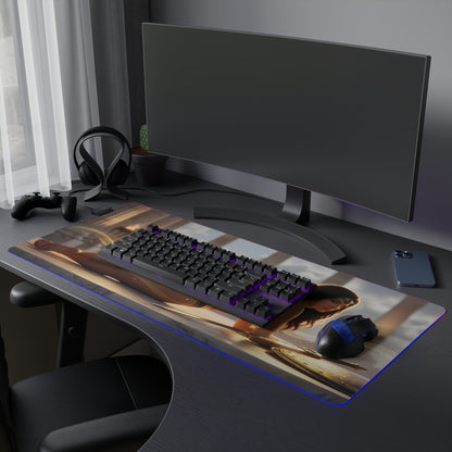 Wonder Woman RGB Mouse Pad – DC Comics LED Desk Mat, Superhero Gamer Setup showing extended LED desk mat with Wonder Woman artwork, keyboard and mouse