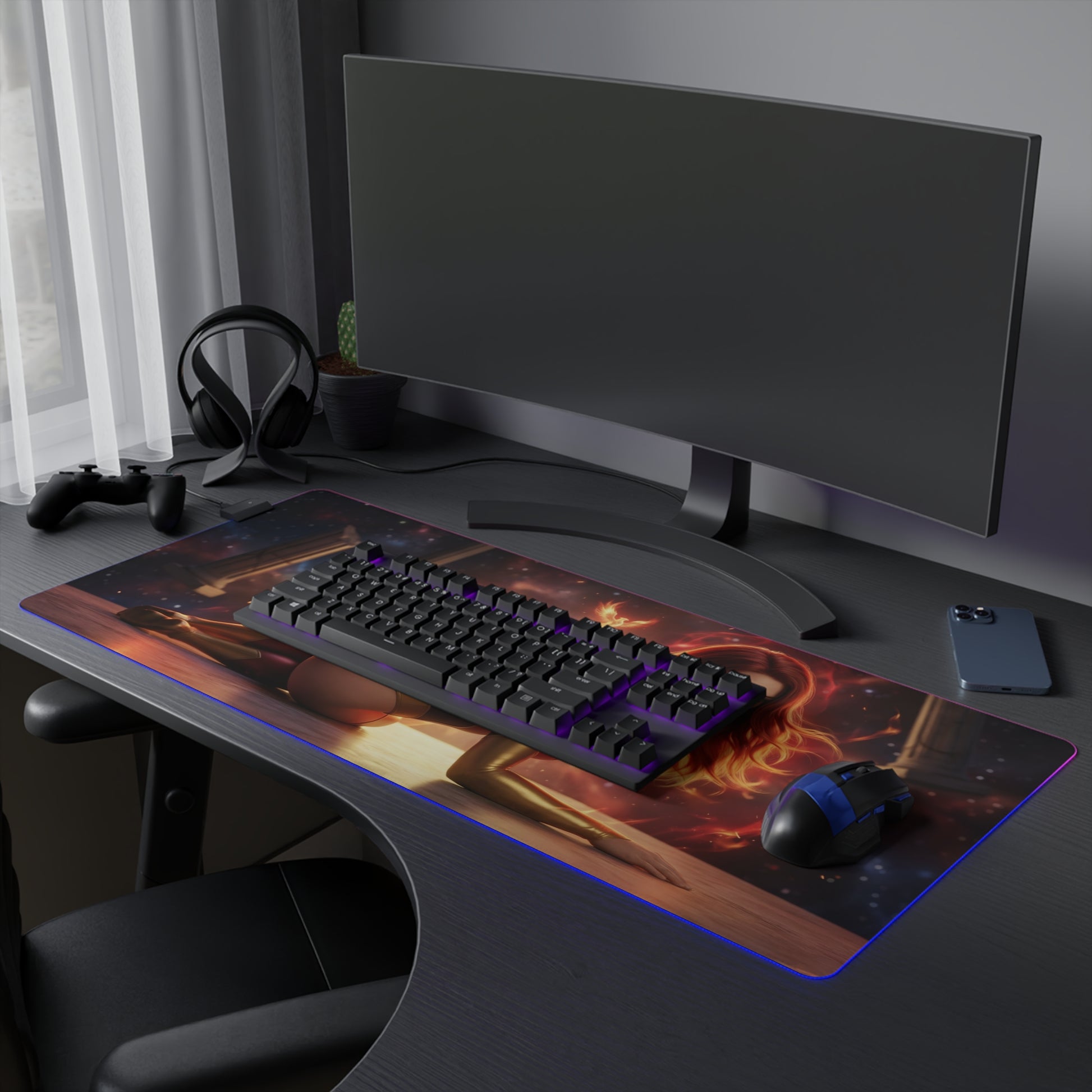 X-Men Mouse Pad – Jean Grey Illuminated RGB Desk Mat, Gaming Setup Decor, Gift Idea on gaming desk with keyboard, RGB LED border and cosmic energy art