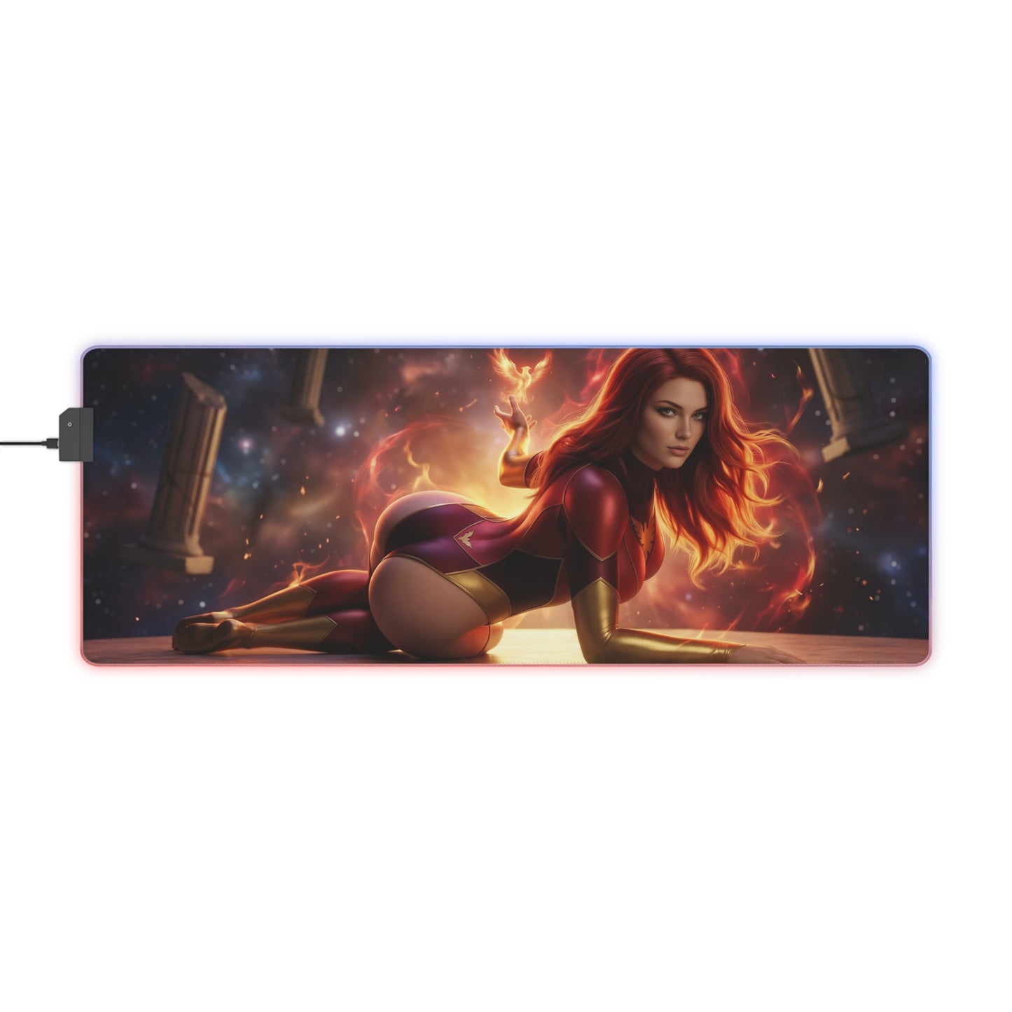 X-Men Mouse Pad – Jean Grey Illuminated RGB Desk Mat, Gaming Setup Decor, Gift Idea showing Jean Grey cosmic aura, LED border, anti-slip base