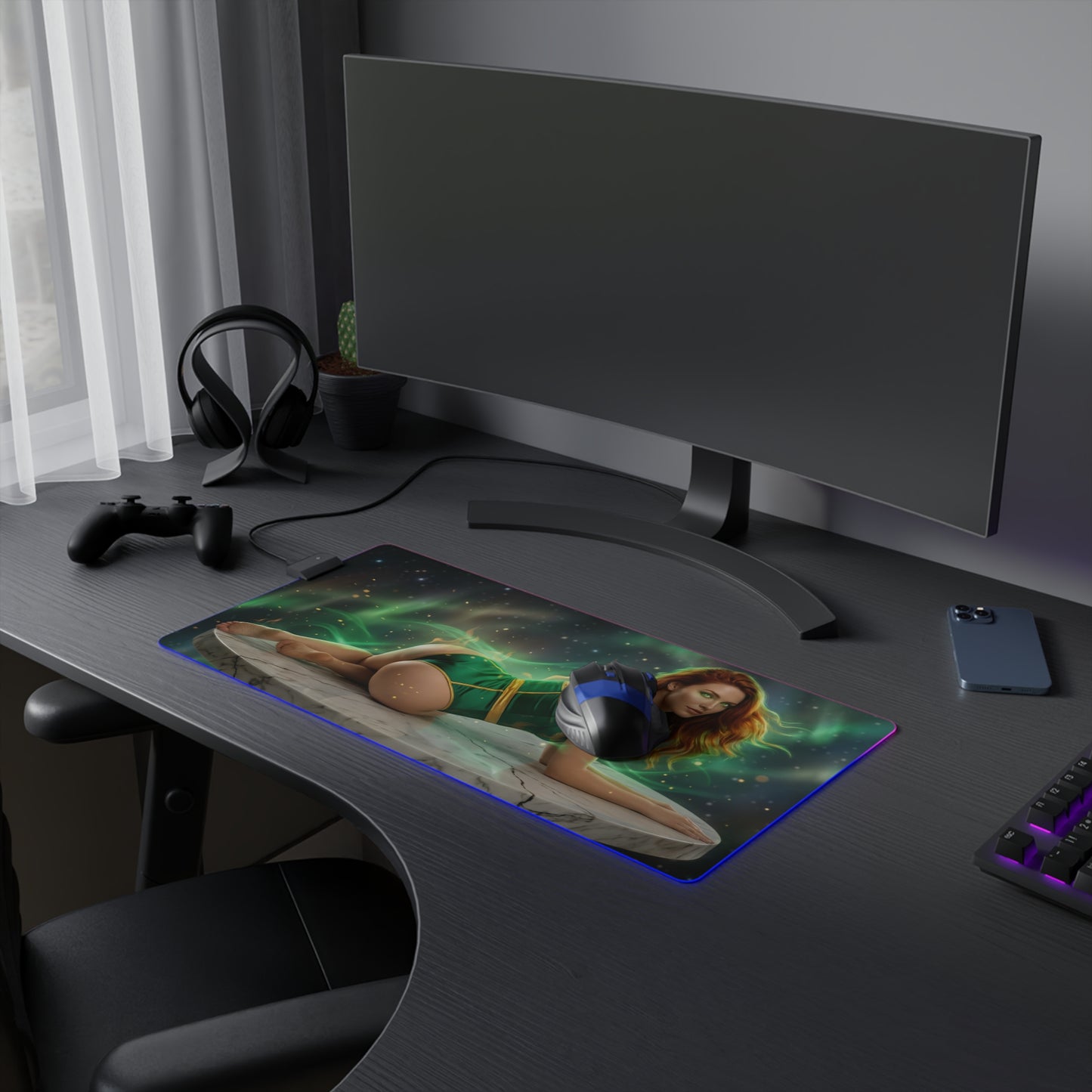 X-Men Mouse Pad – Jean Grey LED RGB Desk Mat, Gamer Room Decor, Gift for Marvel Fan showing Jean Grey in fiery cosmic energy on RGB desk mat
