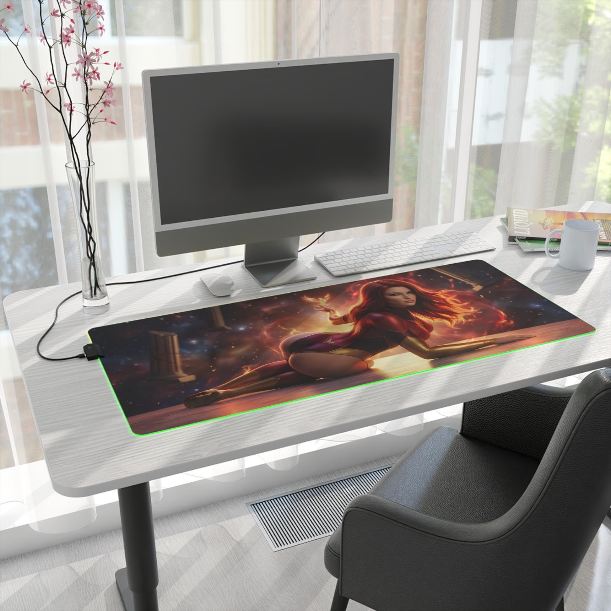 X-Men Mouse Pad – Jean Grey Illuminated RGB Desk Mat, Gaming Setup Decor, Gift Idea on modern gaming desk with glowing LED border