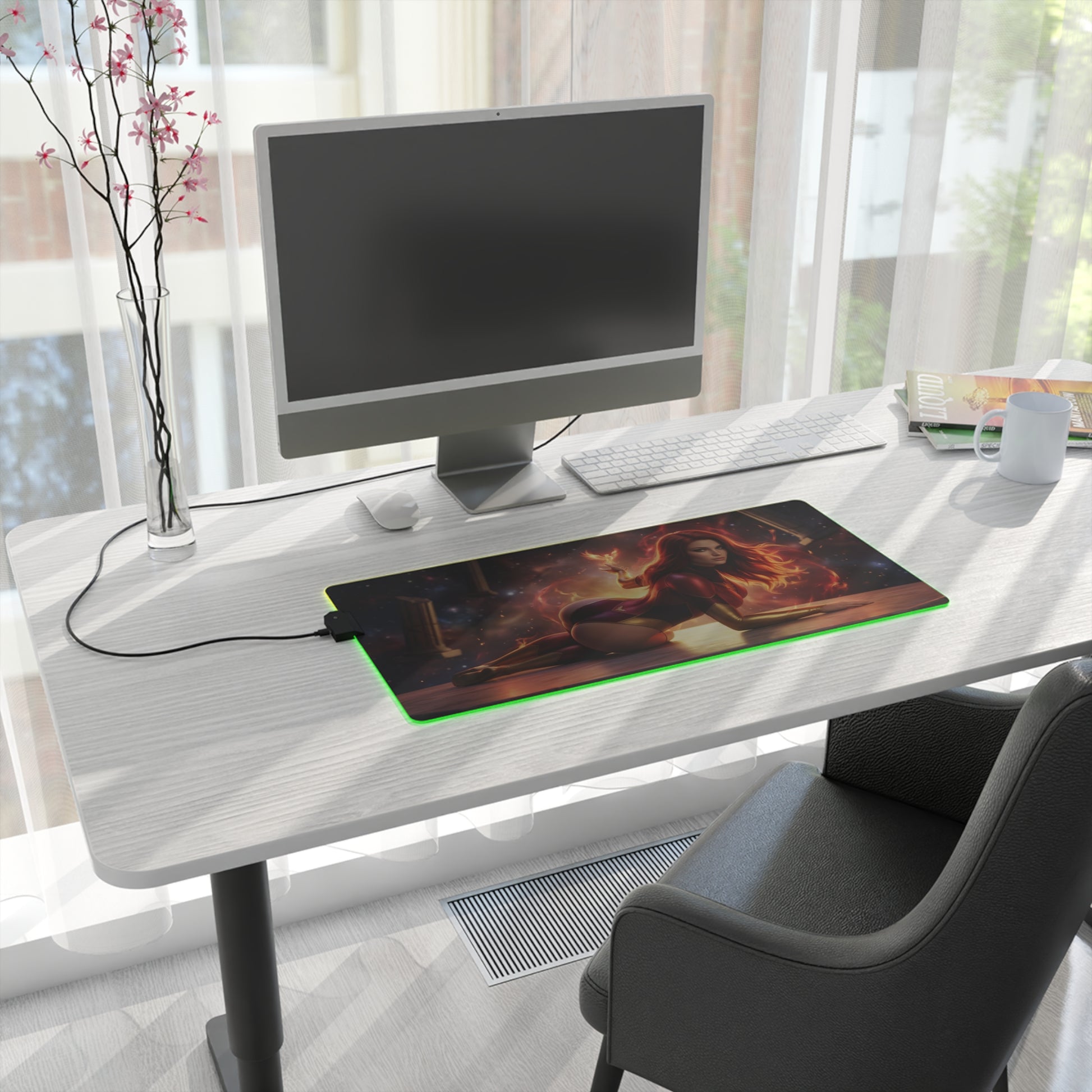 X-Men Mouse Pad – Jean Grey Illuminated RGB Desk Mat, Gaming Setup Decor, Gift Idea on modern desk with LED glow and gaming monitor