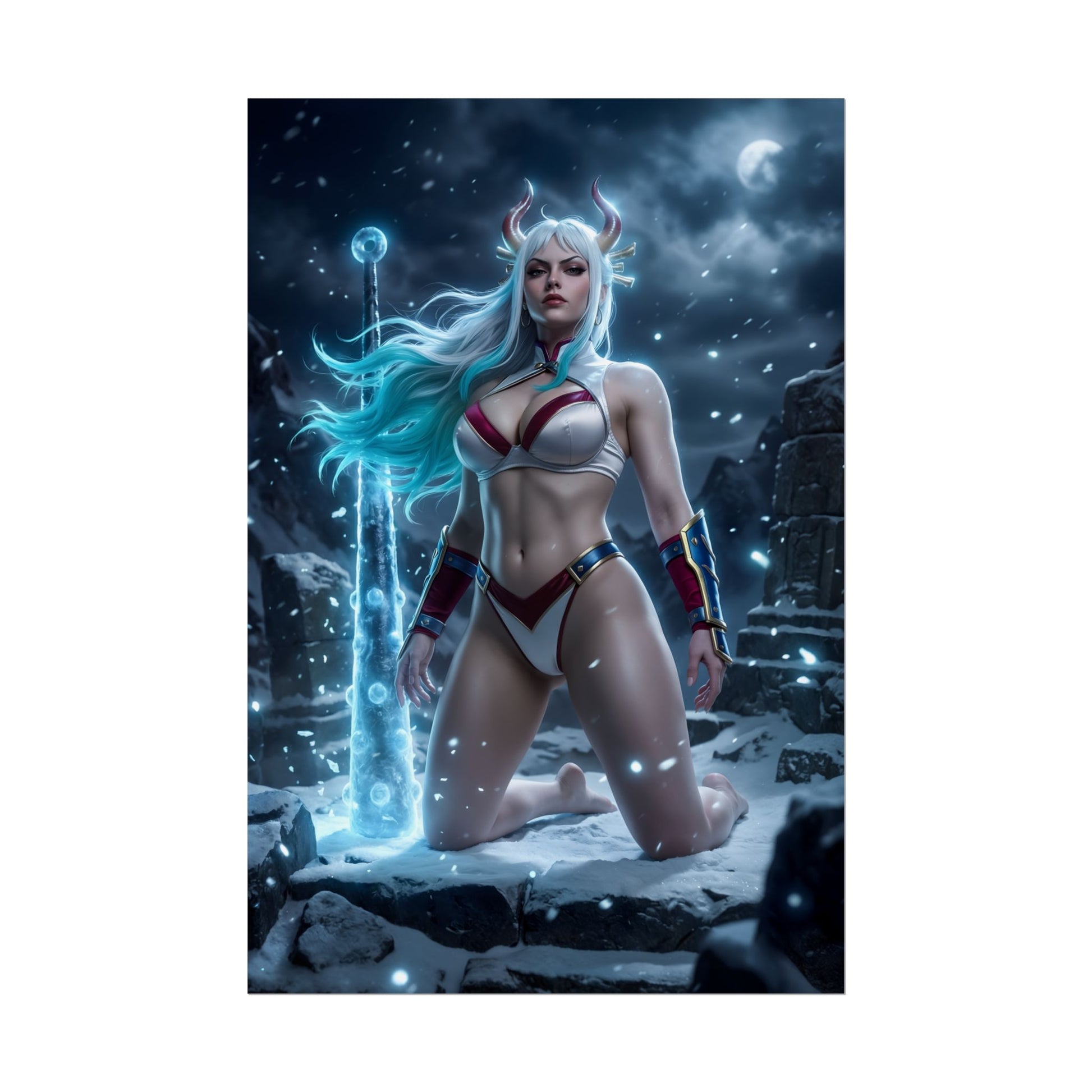 Yamato Poster / Yamato Wall Art / Yamato Art Print / One Piece Poster - fierce Yamato kneeling in icy moonlit landscape, flowing hair and mythic energy