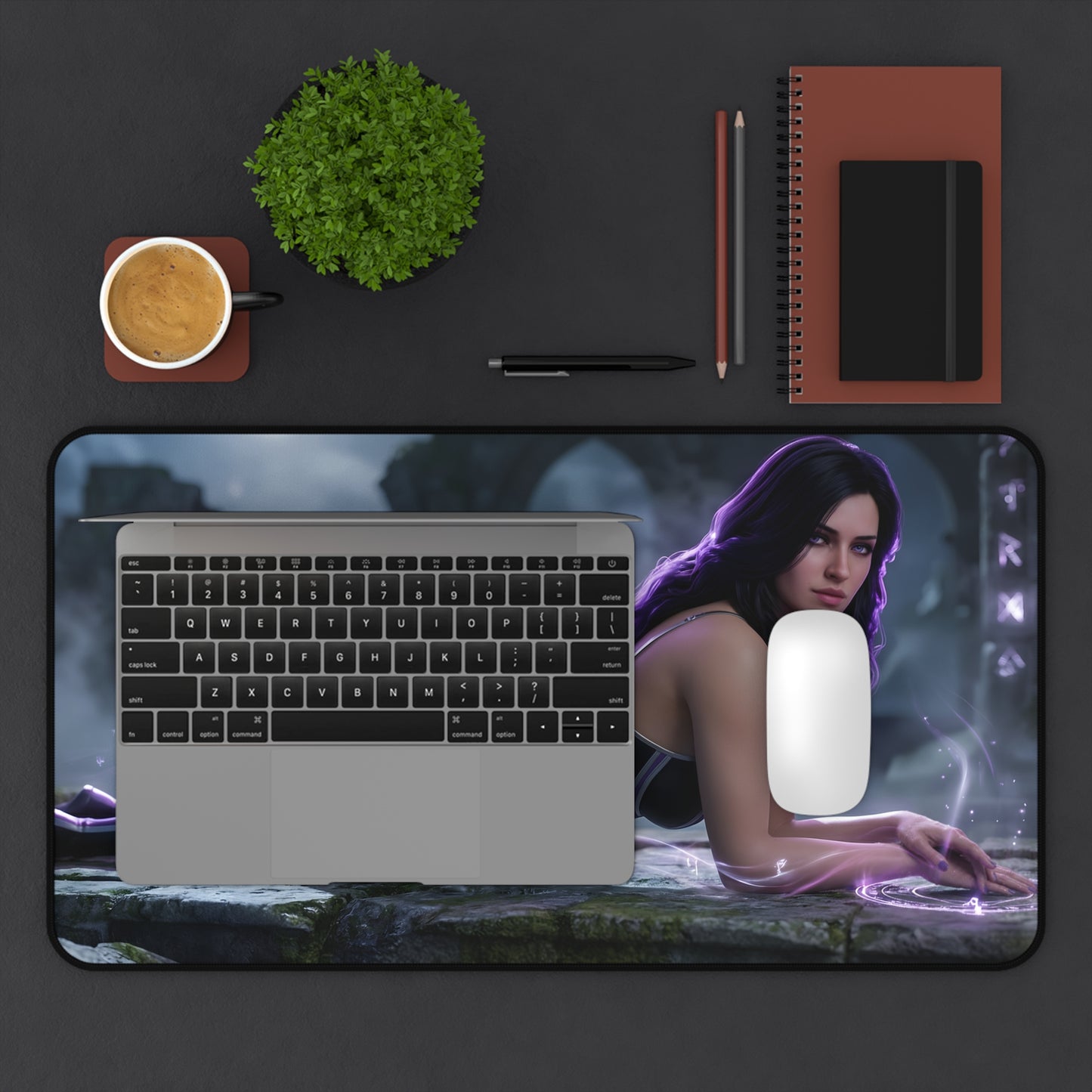 Yennefer Mouse Pad – Fantasy Sorceress Gaming Mouse Pad, Stylish Gamer Desk Decor showing sorceress artwork on a large gaming desk mat with laptop and mouse