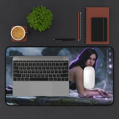 Yennefer Mouse Pad – Fantasy Sorceress Gaming Mouse Pad, Stylish Gamer Desk Decor showing sorceress artwork on a large gaming desk mat with laptop and mouse