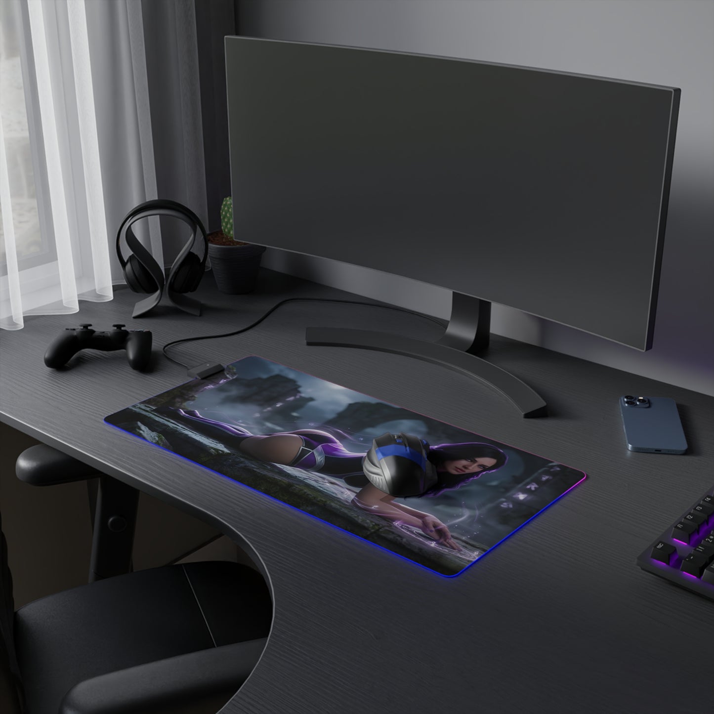 Yennefer RGB Mouse Pad – The Witcher Illuminated Desk Mat, Fantasy Gamer Decor on a dark RGB gaming desk with extended mat and vivid sorceress artwork
