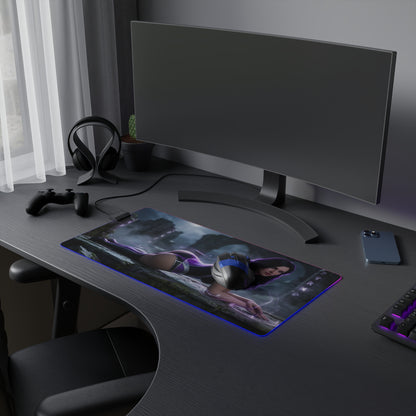 Yennefer RGB Mouse Pad – The Witcher Illuminated Desk Mat, Fantasy Gamer Decor on a dark RGB gaming desk with extended mat and vivid sorceress artwork