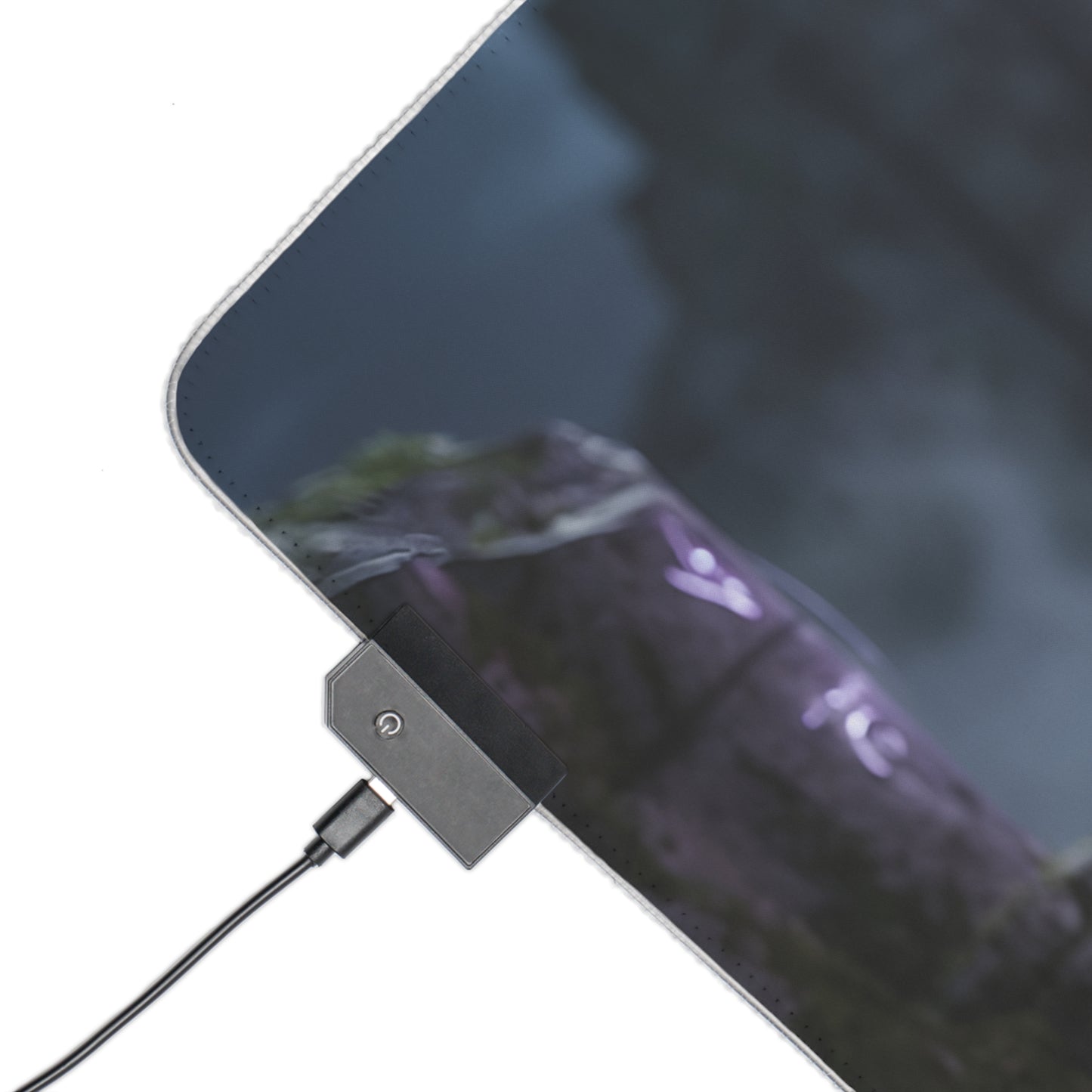 Yennefer RGB Mouse Pad – The Witcher Illuminated Desk Mat, Fantasy Gamer Decor close-up corner showing RGB controller and high-definition printed artwork