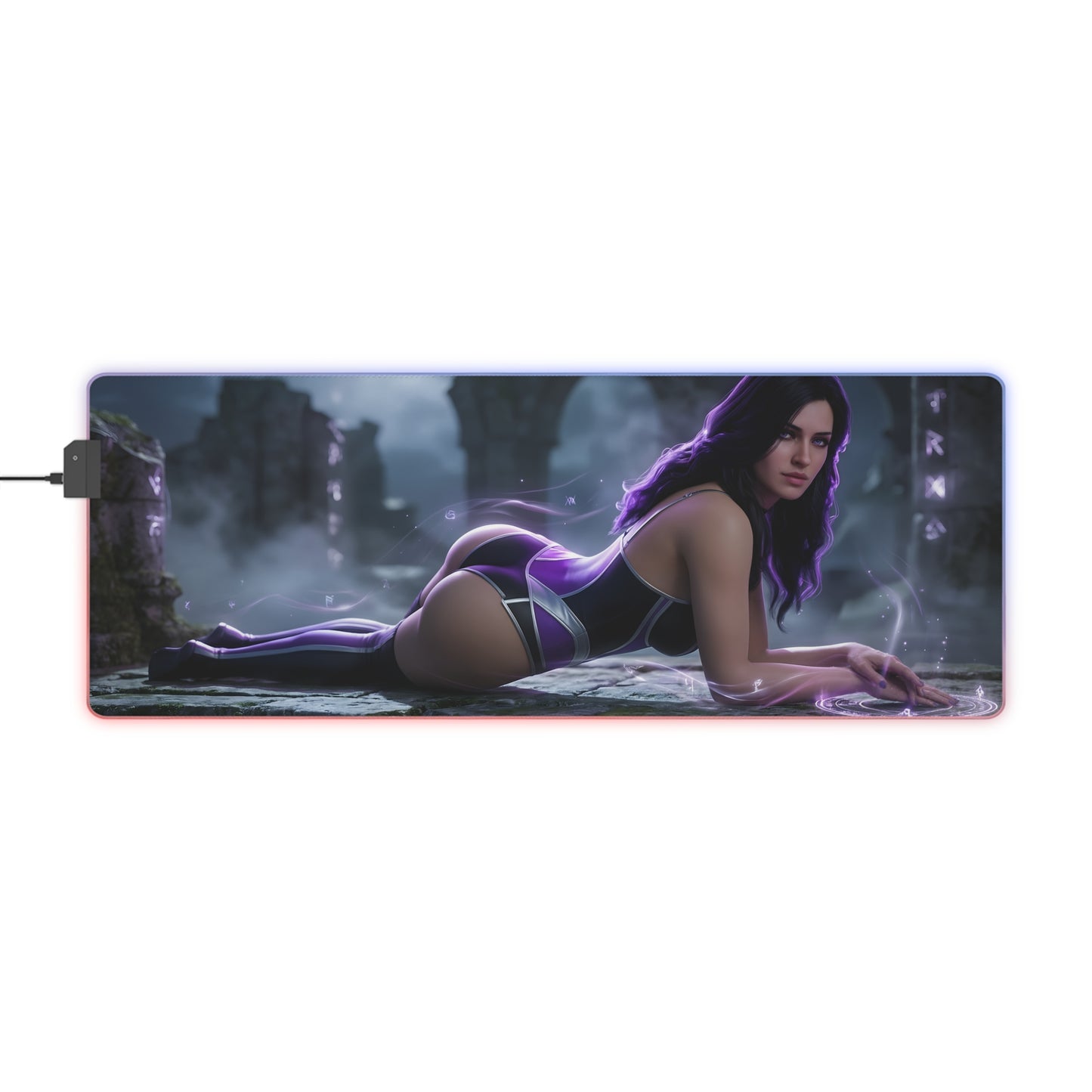 Yennefer RGB Mouse Pad – The Witcher Illuminated Desk Mat, Fantasy Gamer Decor featuring reclining sorceress artwork with RGB edge lighting and extended desk surface