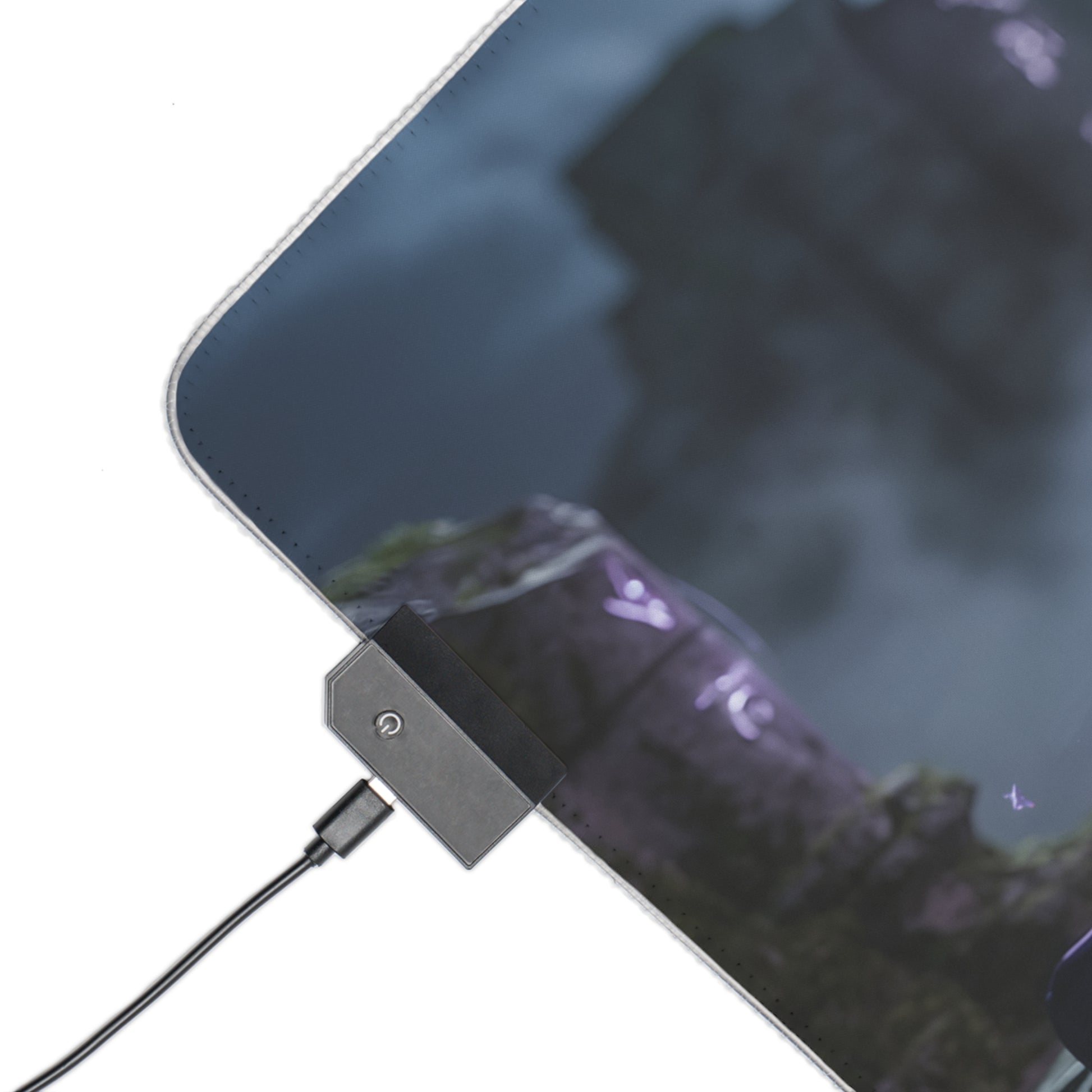 Yennefer RGB Mouse Pad – The Witcher Illuminated Desk Mat, Fantasy Gamer Decor close-up showing RGB controller, stitched edge and high-def sorceress print