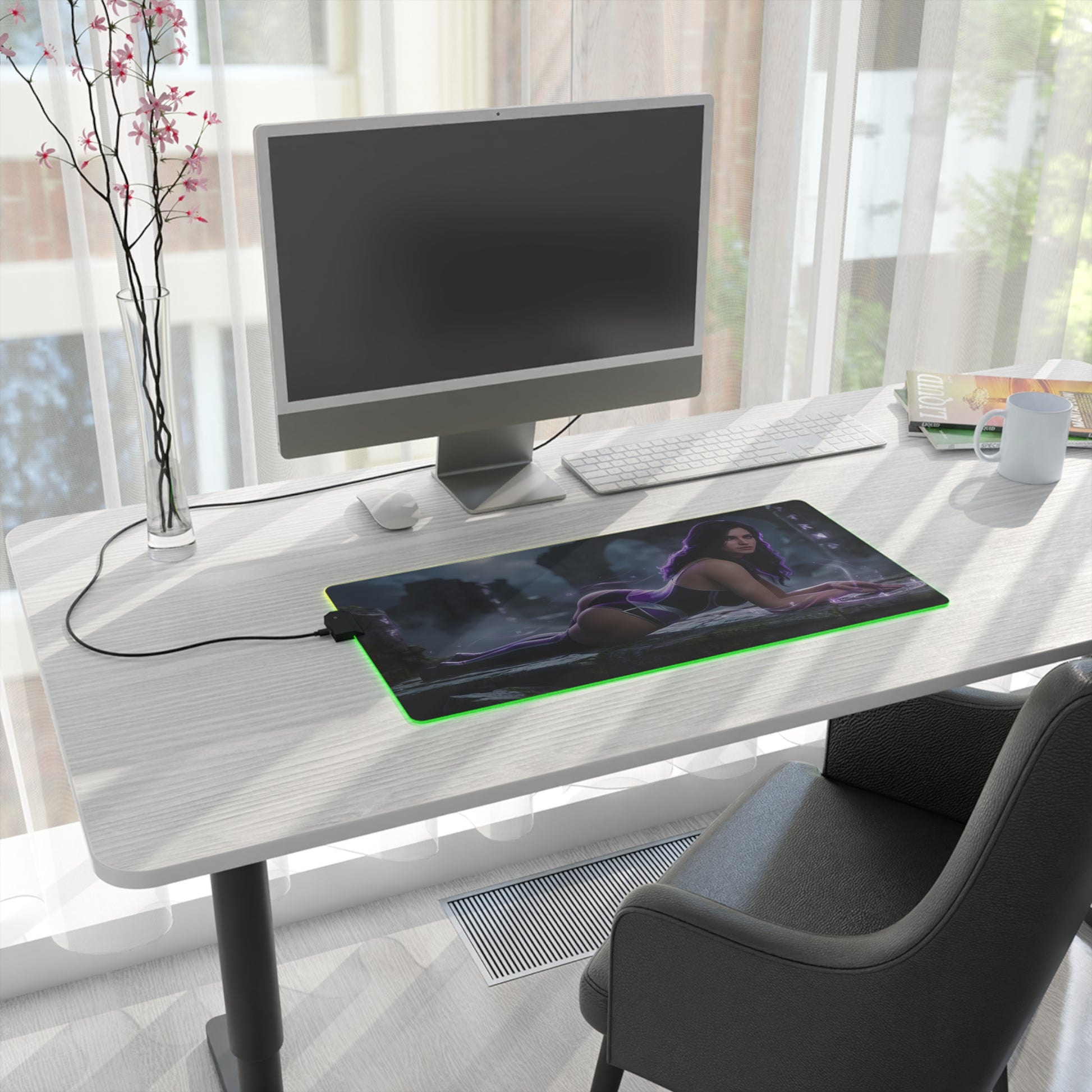 Yennefer RGB Mouse Pad – The Witcher Illuminated Desk Mat, Fantasy Gamer Decor on modern desk with RGB edge lighting