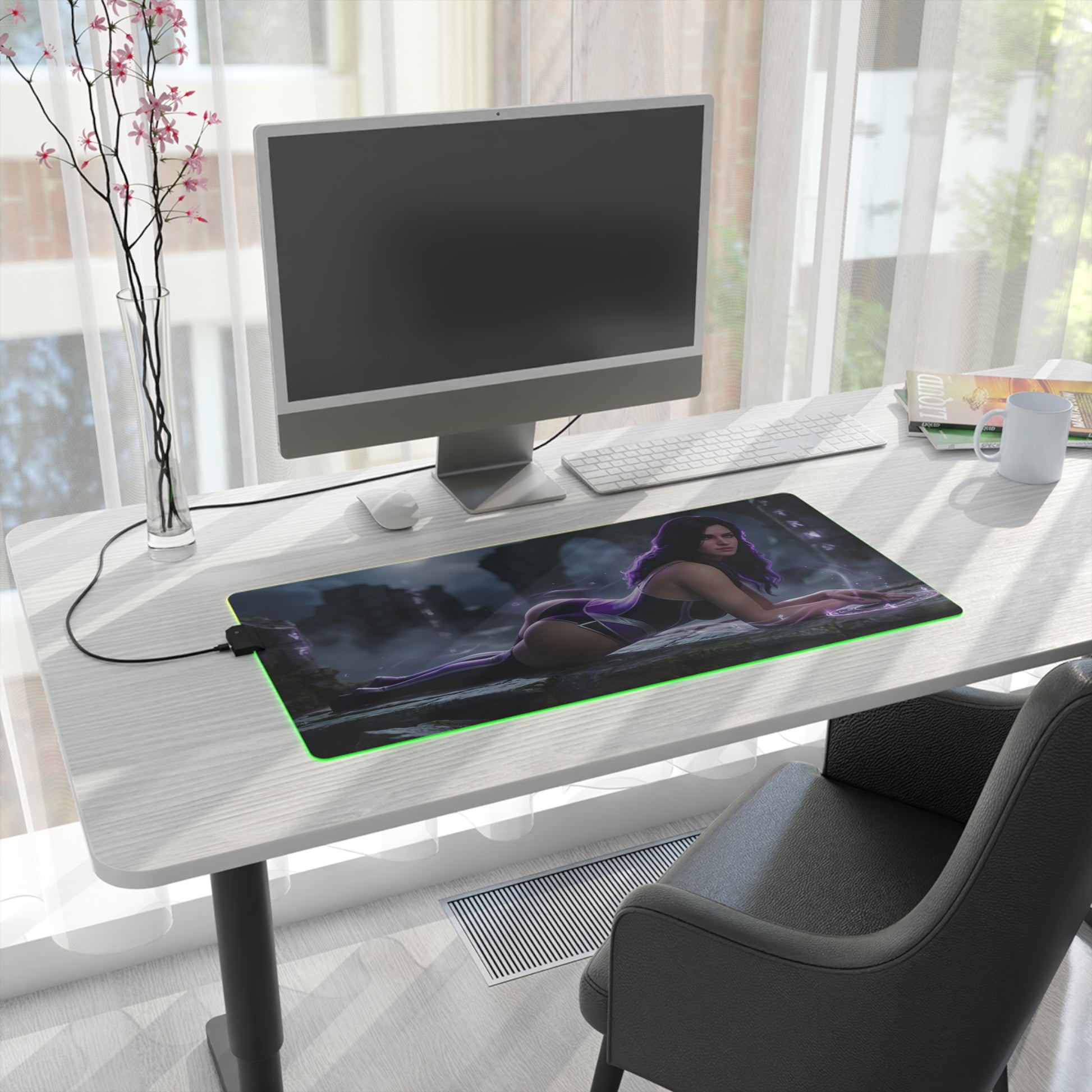 Yennefer RGB Mouse Pad – The Witcher Illuminated Desk Mat, Fantasy Gamer Decor on modern desk with vibrant green RGB edge lighting