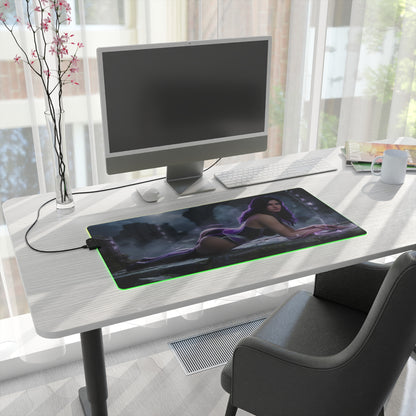 Yennefer RGB Mouse Pad – The Witcher Illuminated Desk Mat, Fantasy Gamer Decor on modern desk with vibrant green RGB edge lighting