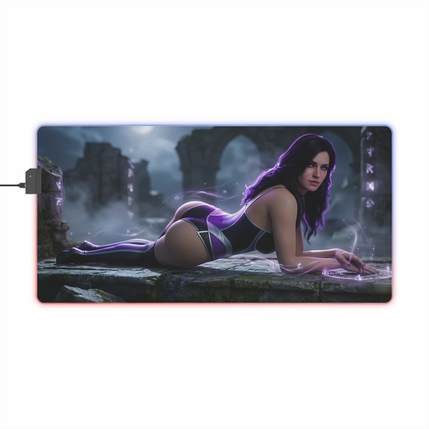 Yennefer RGB Mouse Pad – The Witcher Illuminated Desk Mat, Fantasy Gamer Decor featuring reclining sorceress art with vibrant RGB edge lighting