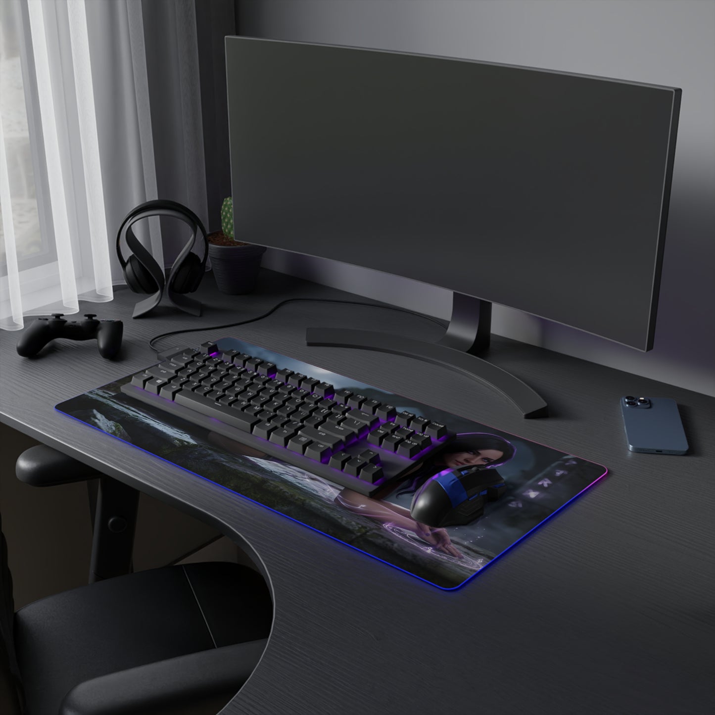 Yennefer RGB Mouse Pad – The Witcher Illuminated Desk Mat, Fantasy Gamer Decor showing illuminated edge, HD sorceress artwork, extended desk mat