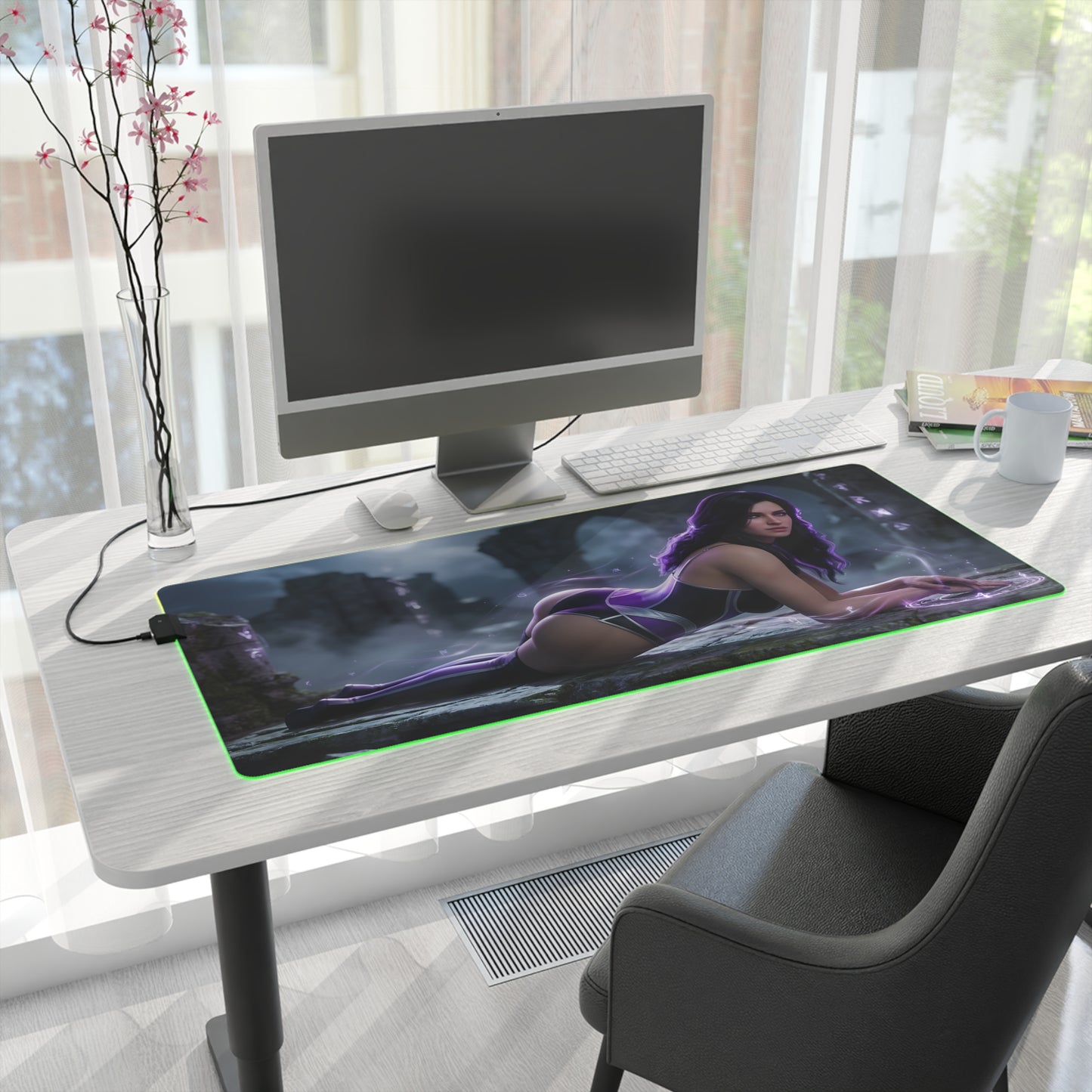 Yennefer RGB Mouse Pad – The Witcher Illuminated Desk Mat, Fantasy Gamer Decor on white desk with RGB edge lighting and sorceress artwork