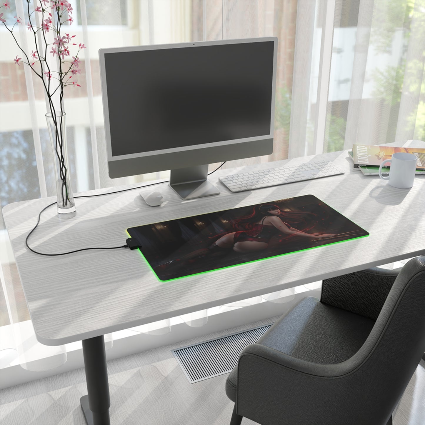 Spy x Family Mouse Pad, Yor Forger LED RGB Desk Mat, Gift for Gamer, Anime Room Decor - widescreen gaming mat with Yor Forger art and green LED trim