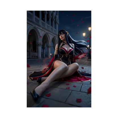 Yor Forger Poster / Yor Forger Wall Art / Yor Forger Art Print / Spy x Family Poster - elegant assassin Yor seated at night with falling rose petals