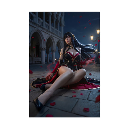 Yor Forger Poster / Yor Forger Wall Art / Yor Forger Art Print / Spy x Family Poster - elegant assassin heroine seated at night with flowing hair and rose petals
