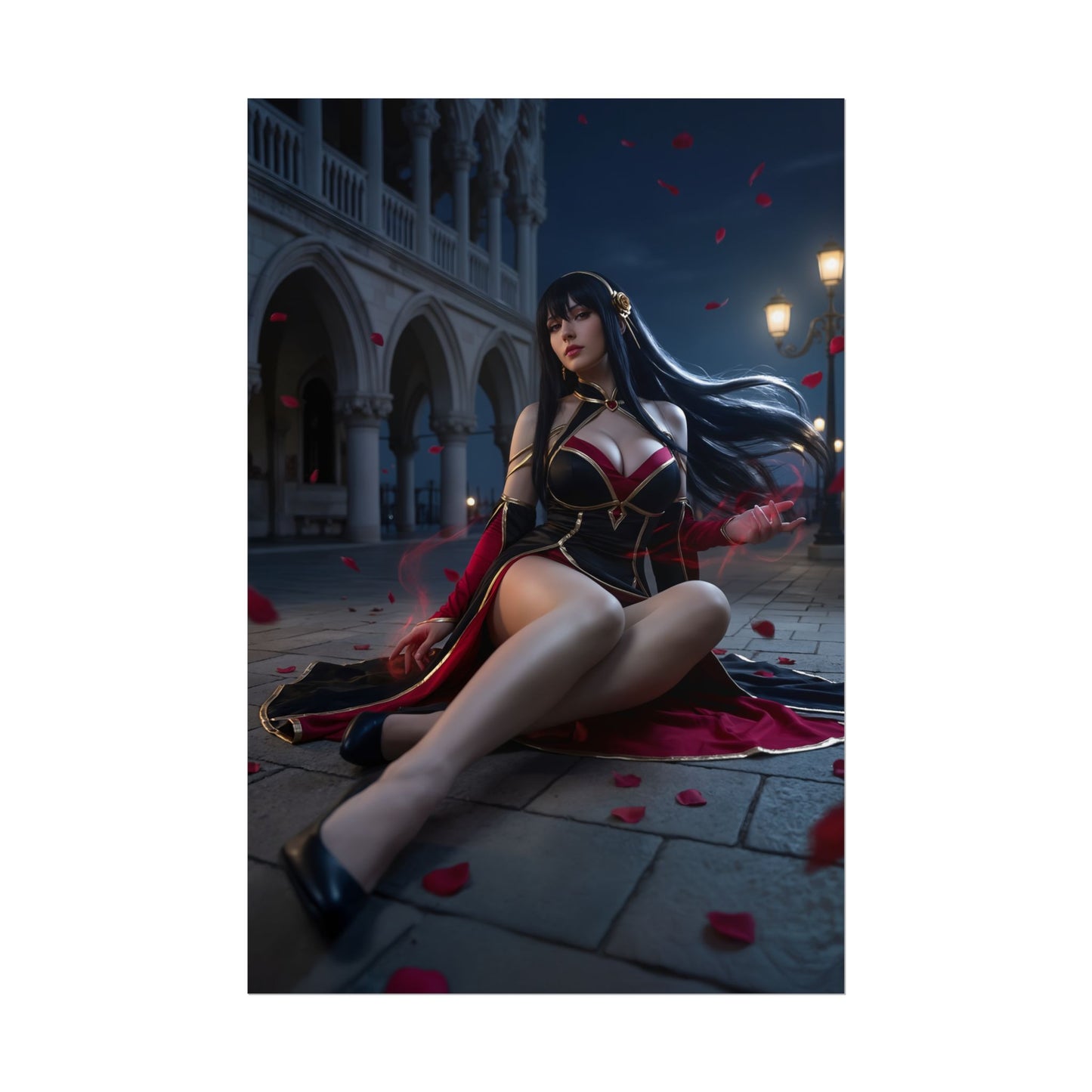 Yor Forger Poster / Yor Forger Wall Art / Yor Forger Art Print / Spy x Family Poster - serene nighttime portrait of Yor Forger in elegant assassin pose