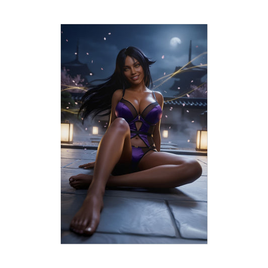 Yoruichi Shihoin Poster / Yoruichi Shihōin Wall Art / Yoruichi Shihōin Art Print / Bleach Poster - Yoruichi posed confidently in purple outfit with moonlit temple background