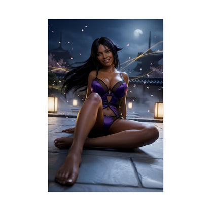 Yoruichi Shihoin Poster / Yoruichi Shihōin Wall Art / Yoruichi Shihōin Art Print / Bleach Poster — confident Yoruichi seated at night, dynamic anime lighting