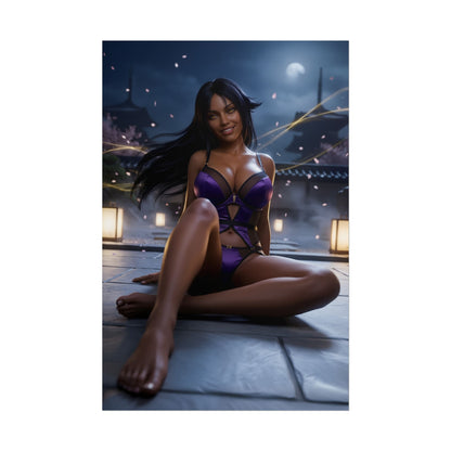 Yoruichi Shihoin Poster / Yoruichi Shihōin Wall Art / Yoruichi Shihōin Art Print / Bleach Poster - confident Yoruichi seated at night with moonlit temple