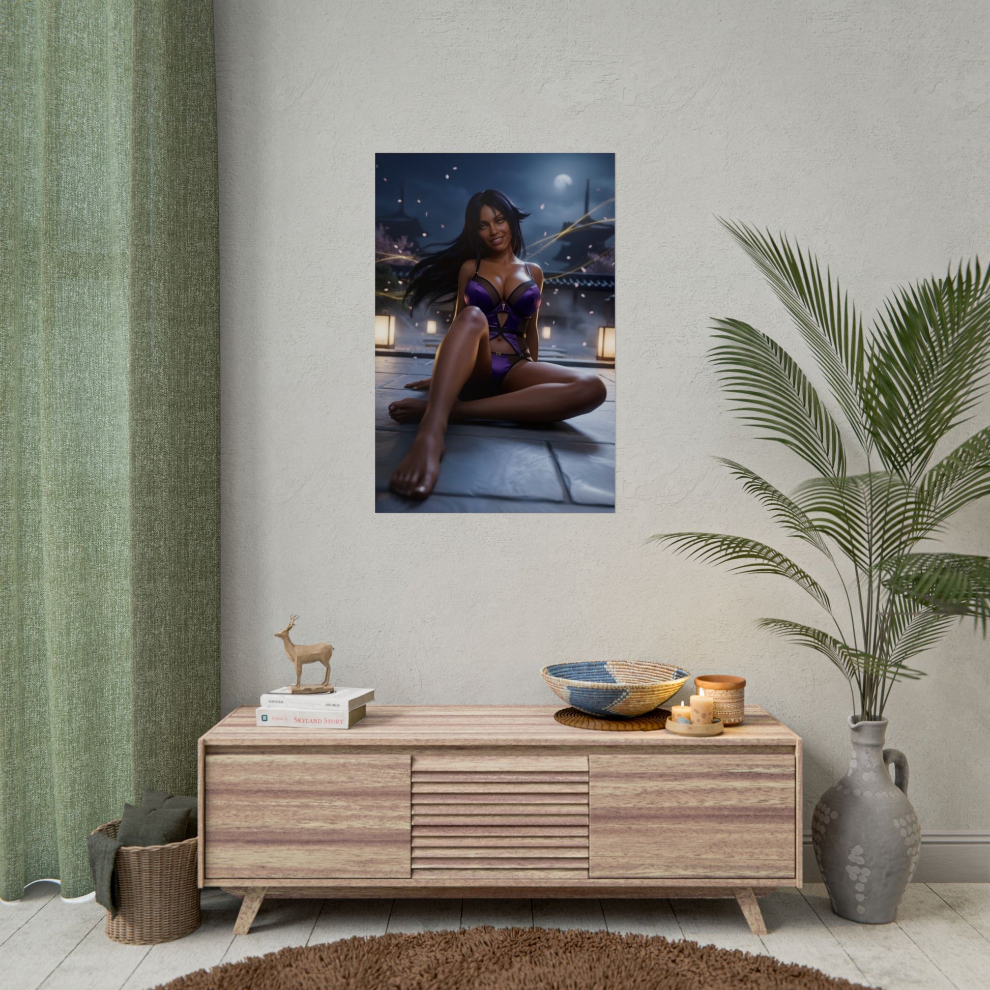 Yoruichi Shihoin Poster / Yoruichi Shihōin Wall Art / Yoruichi Shihōin Art Print / Bleach Poster - striking Yoruichi portrait in purple outfit on bedroom wall