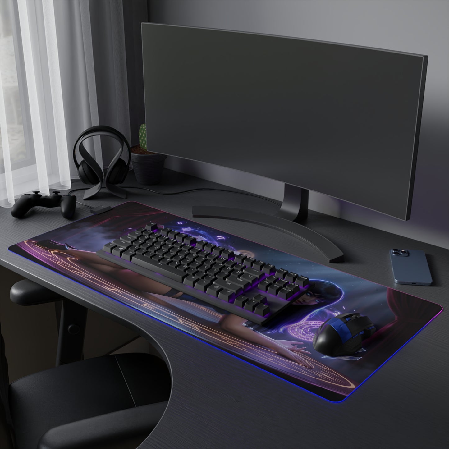 Zatanna RGB Mouse Pad – DC Comics Illuminated Desk Mat, Magic Gamer Setup on extended RGB desk mat with keyboard and mouse