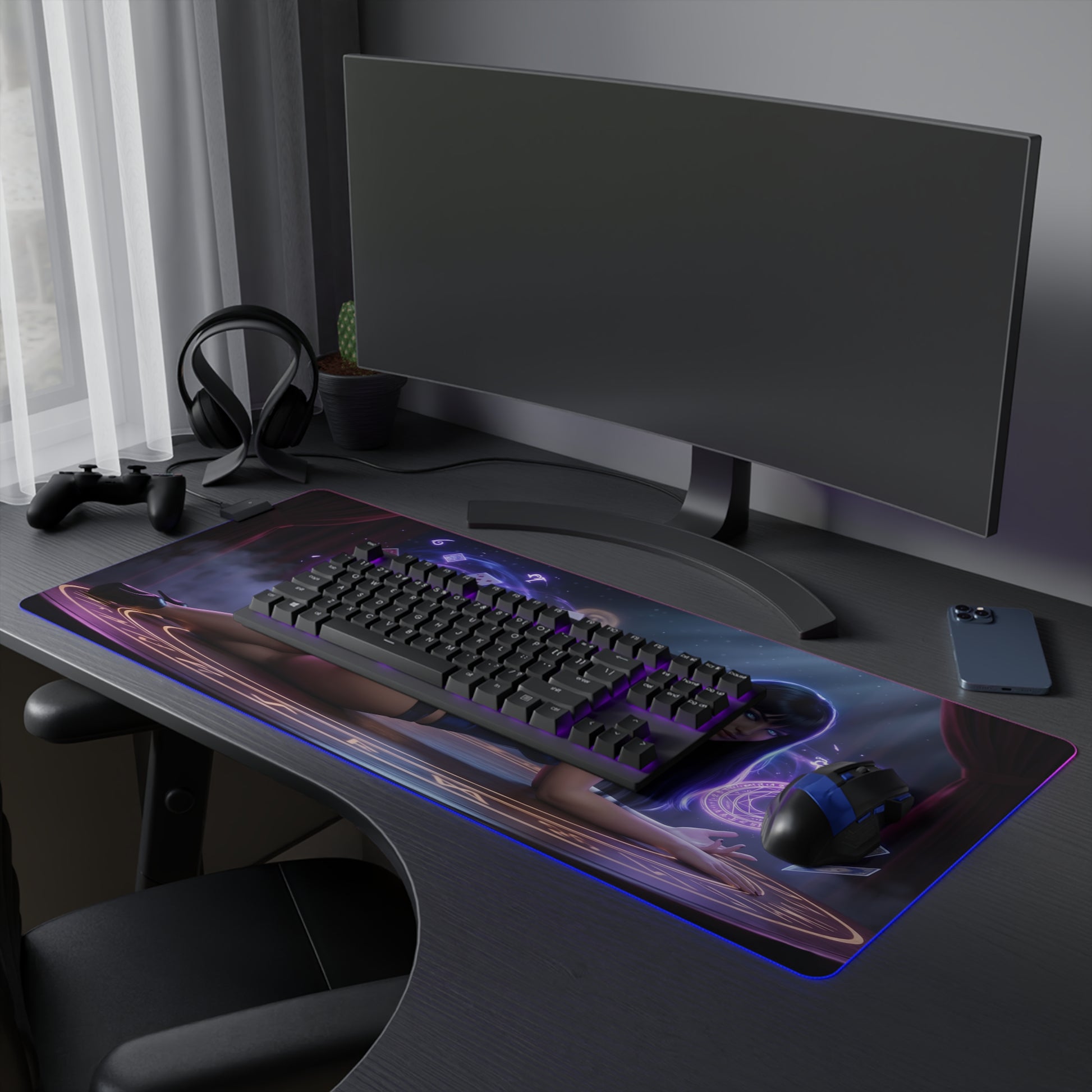 Zatanna RGB Mouse Pad – DC Comics Illuminated Desk Mat, Magic Gamer Setup on extended RGB desk mat with keyboard and mouse