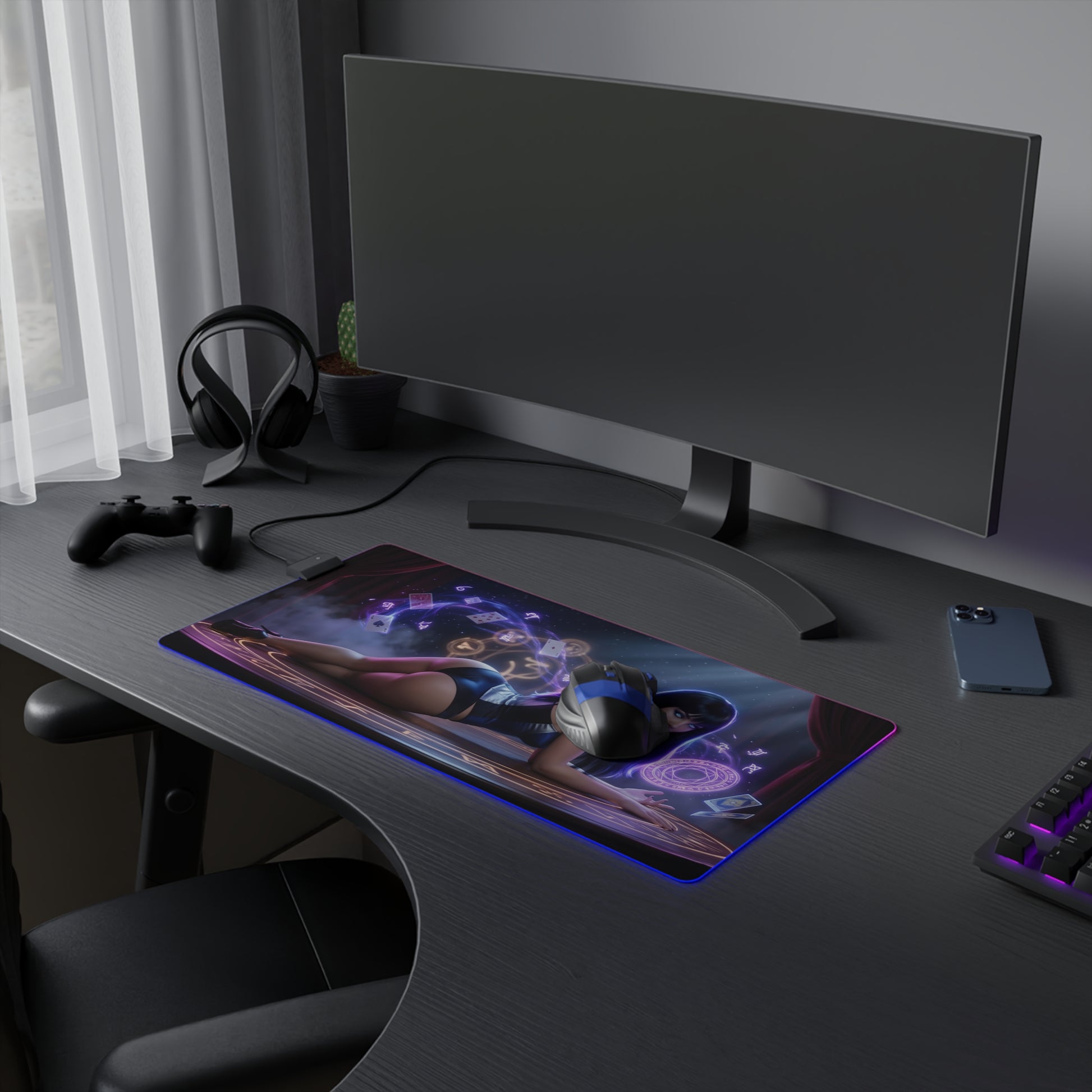 Zatanna RGB Mouse Pad – DC Comics Illuminated Desk Mat, Magic Gamer Setup on a gaming desk with RGB lighting and extended anti-slip mat