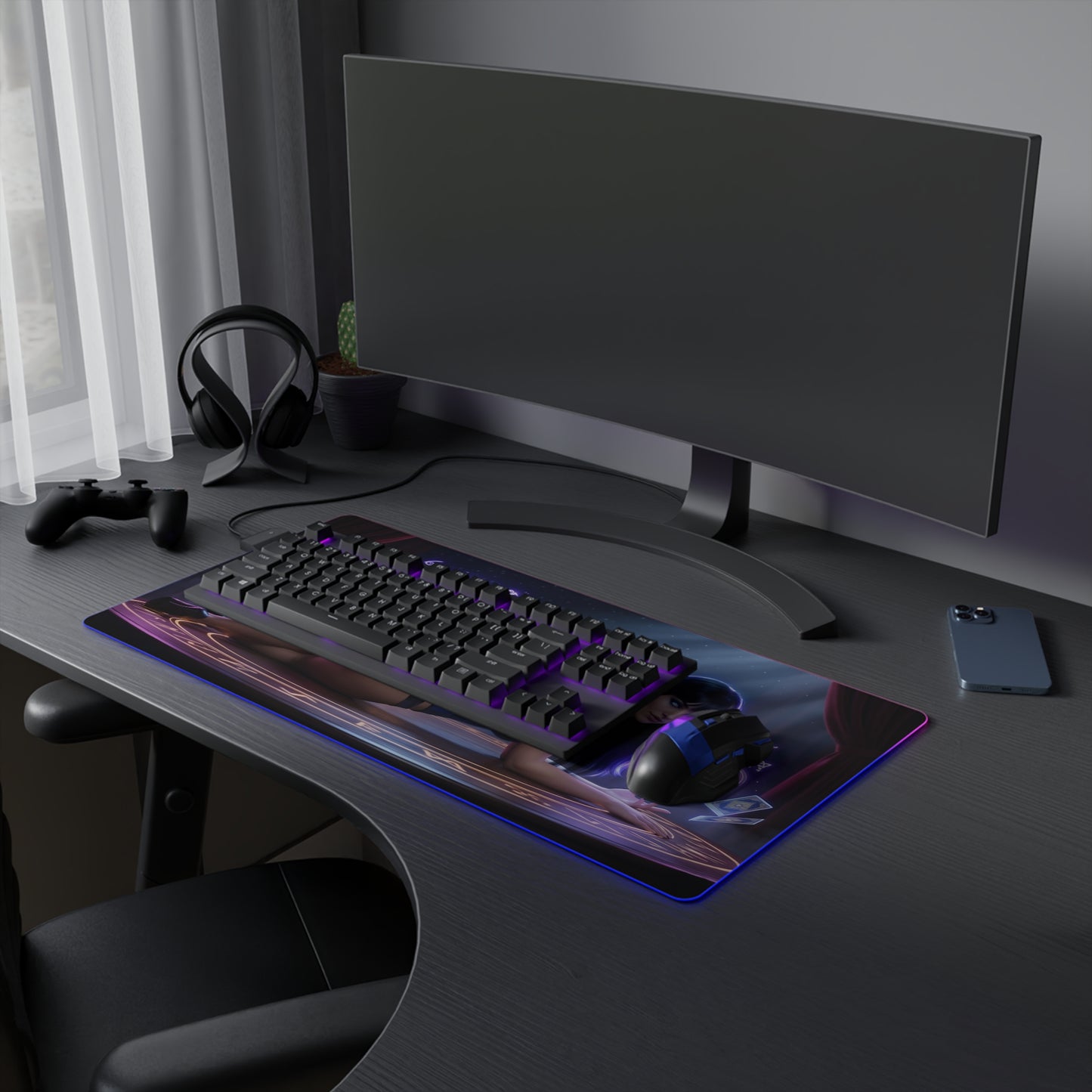 Zatanna RGB Mouse Pad – DC Comics Illuminated Desk Mat, Magic Gamer Setup on extended RGB desk mat with keyboard and mouse